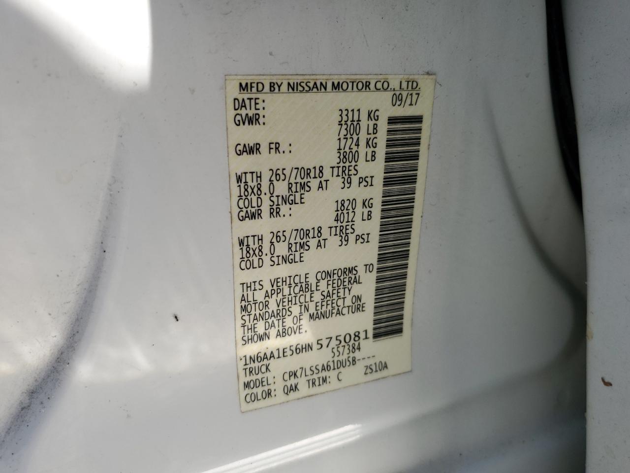 1N6AA1E56HN575081 2017 Nissan Titan Sv