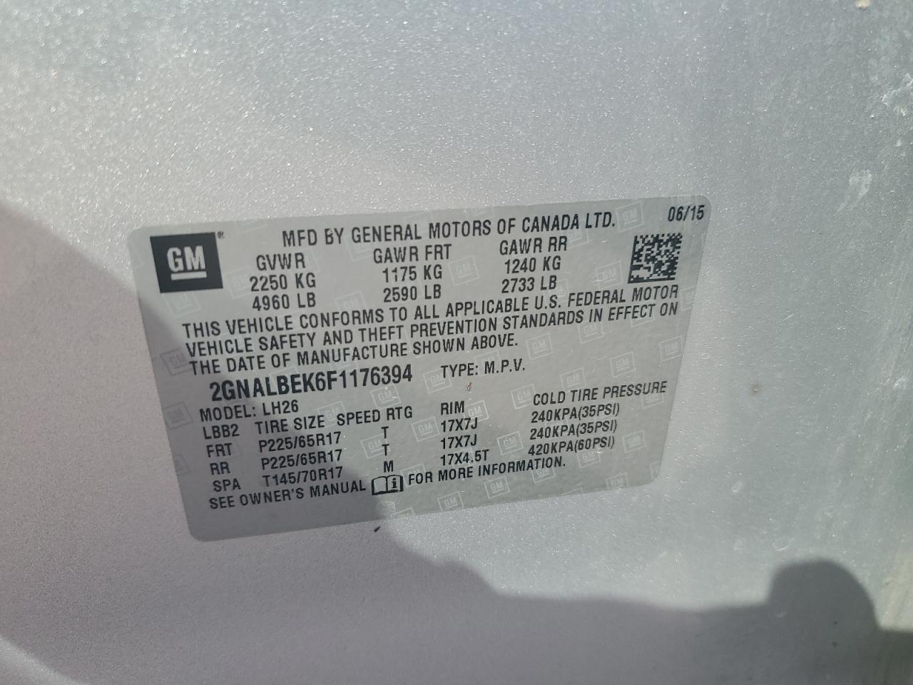 2GNALBEK6F1176394 2015 Chevrolet Equinox Lt