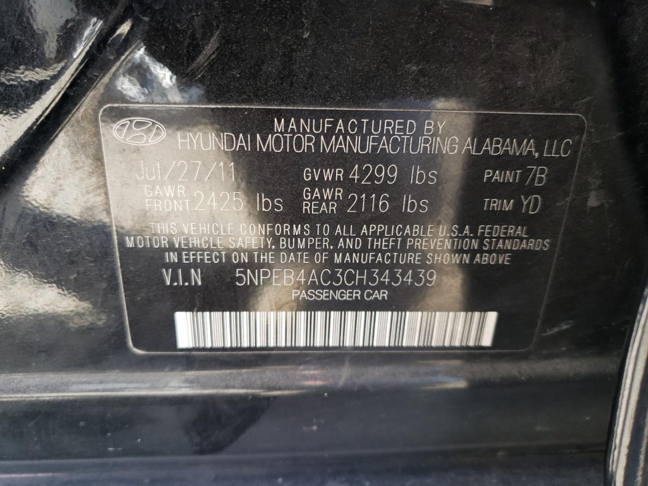 5NPEB4AC3CH343439 2012 Hyundai Sonata Gls