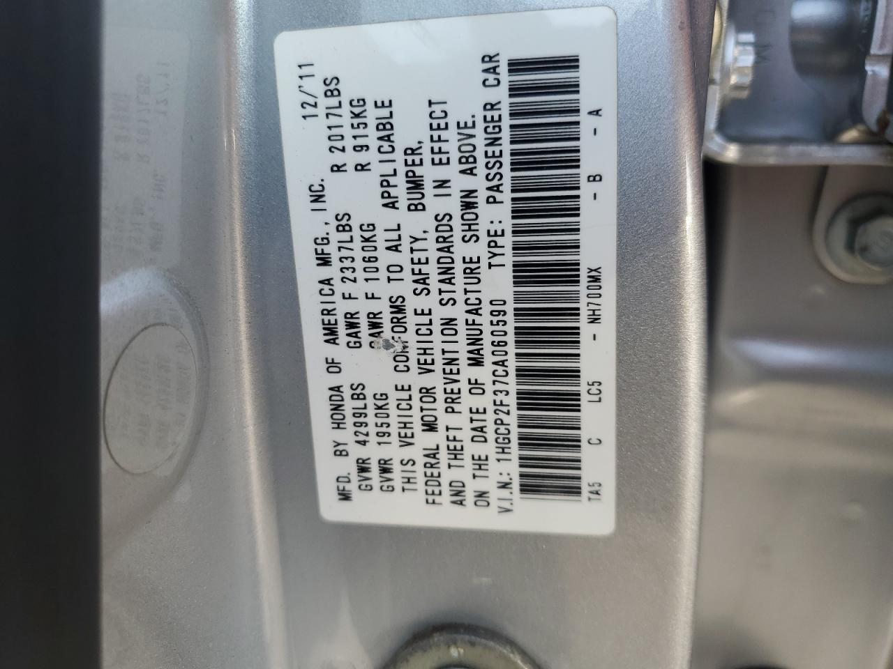 1HGCP2F37CA060590 2012 Honda Accord Lx