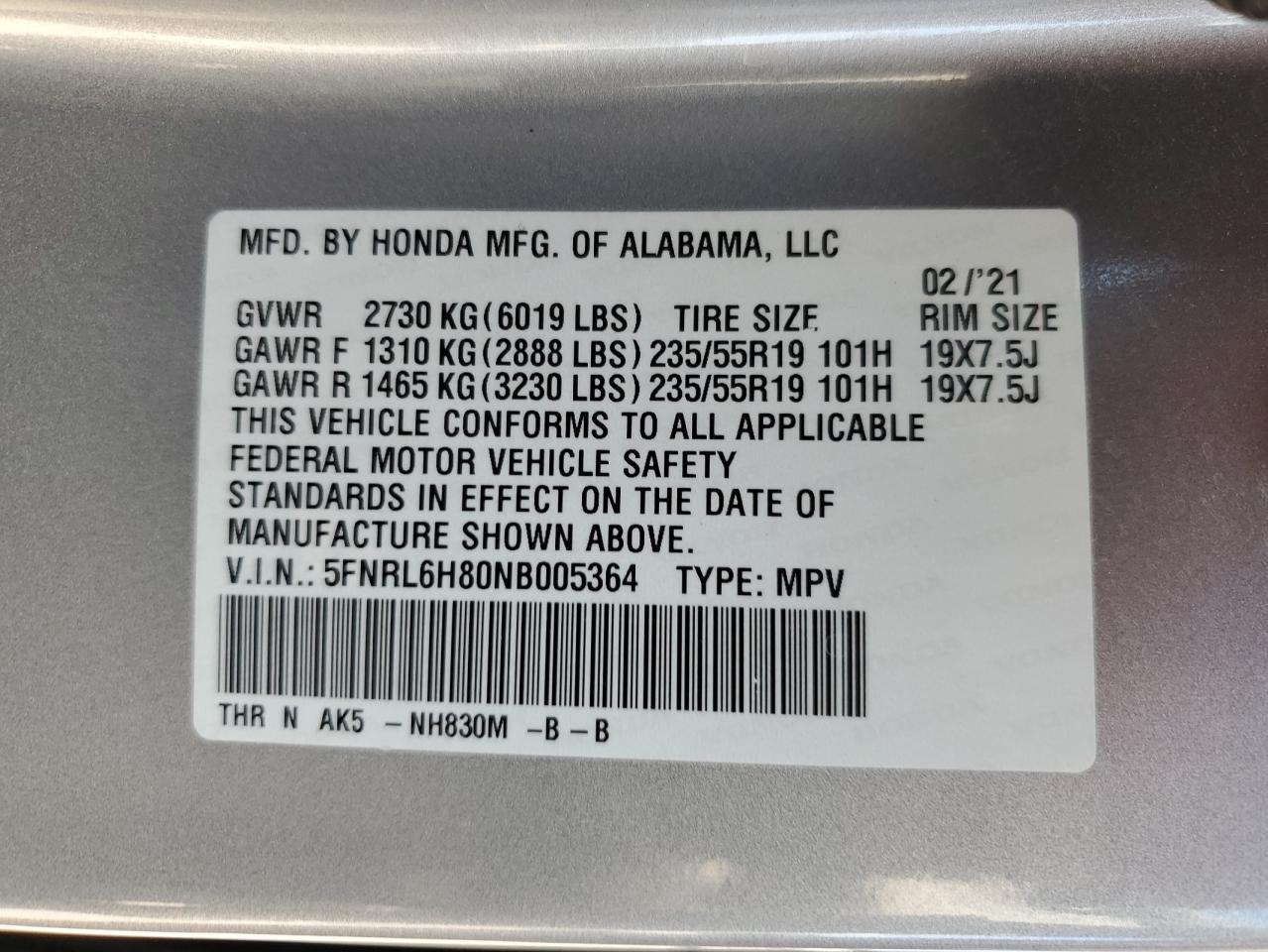 2022 Honda Odyssey Touring VIN: 5FNRL6H80NB005364 Lot: 74840084