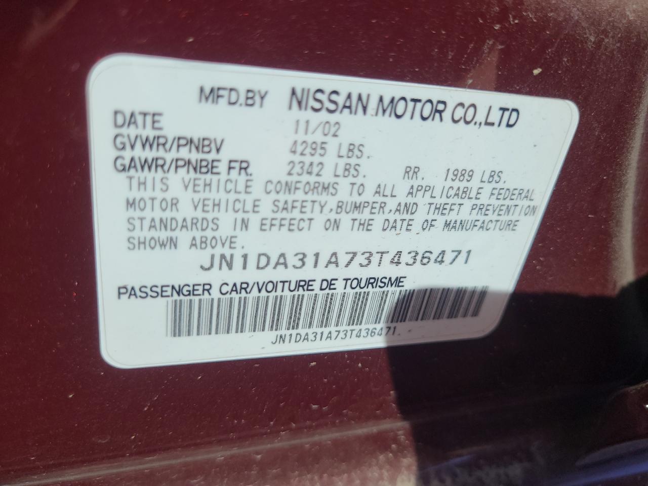 JN1DA31A73T436471 2003 Nissan Maxima Gle