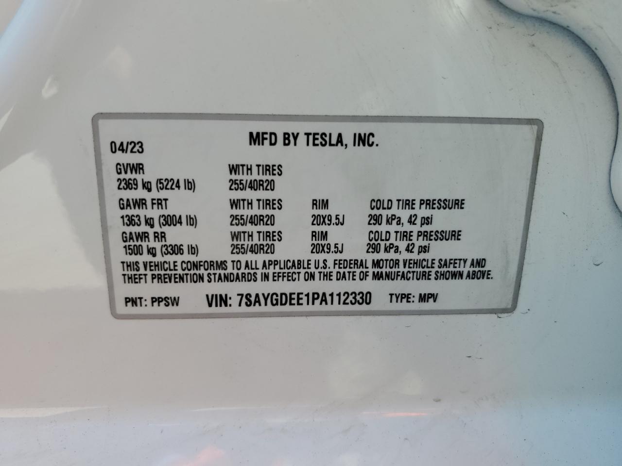 2023 Tesla Model Y VIN: 7SAYGDEE1PA112330 Lot: 73353014