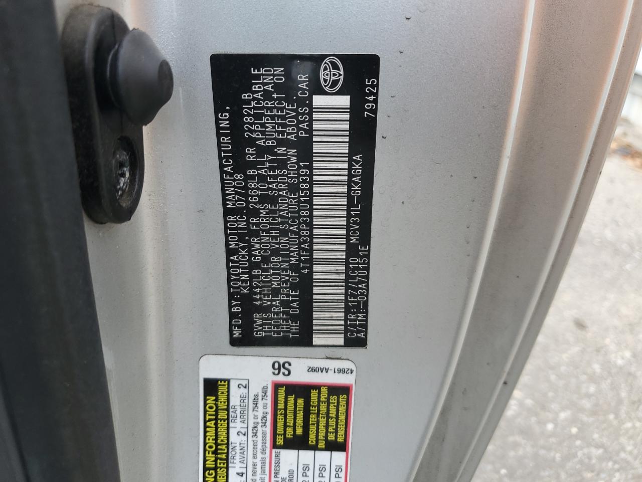 2008 Toyota Camry Solara Se VIN: 4T1FA38P38U158391 Lot: 61782015