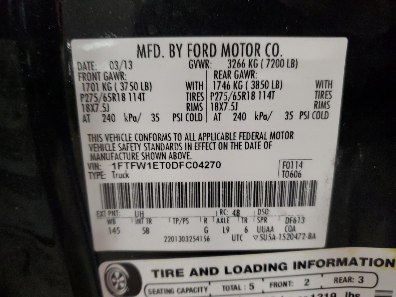 2013 Ford F150 Supercrew VIN: 1FTFW1ET0DFC04270 Lot: 77765844