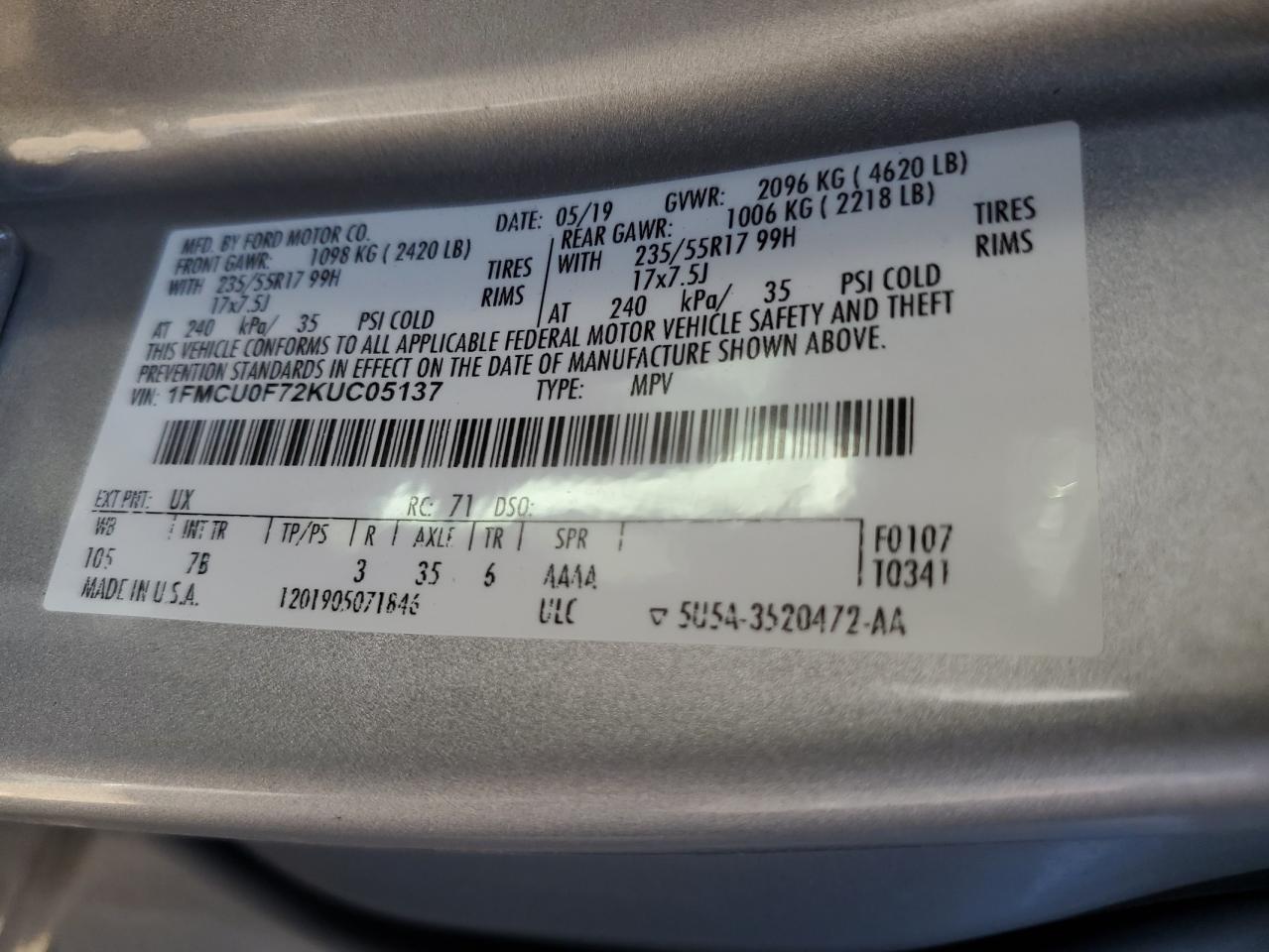 1FMCU0F72KUC05137 2019 Ford Escape S