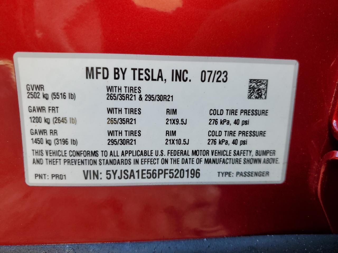 5YJSA1E56PF520196 2023 Tesla Model S