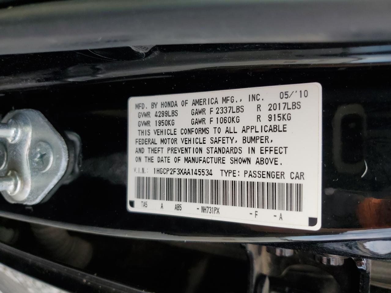 1HGCP2F3XAA145534 2010 Honda Accord Lx