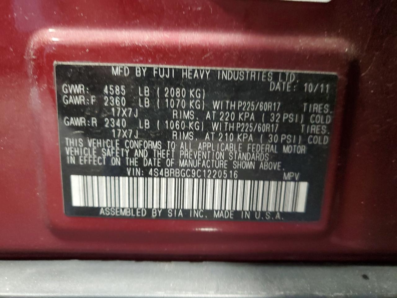 2012 Subaru Outback 2.5I Premium VIN: 4S4BRBGC9C1220516 Lot: 75514544