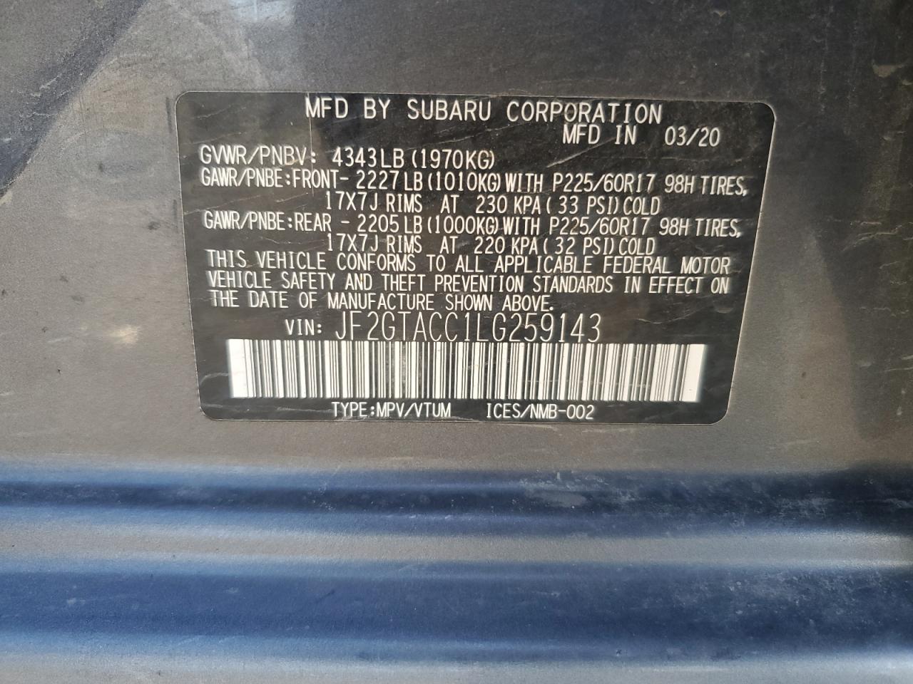 2020 Subaru Crosstrek Premium VIN: JF2GTACC1LG259143 Lot: 76138994