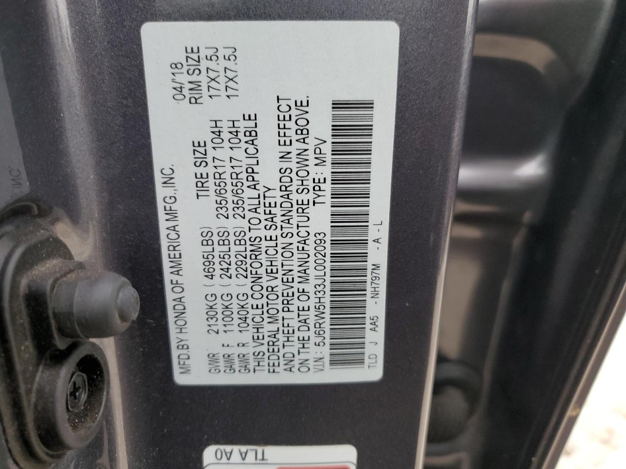 5J6RW5H33JL002093 2018 Honda Cr-V Lx