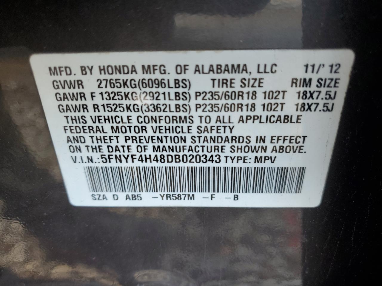 VIN 5FNYF4H48DB020343 2013 HONDA PILOT no.13