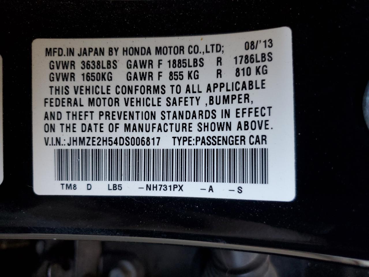 2013 Honda Insight Lx VIN: JHMZE2H54DS006817 Lot: 78220974