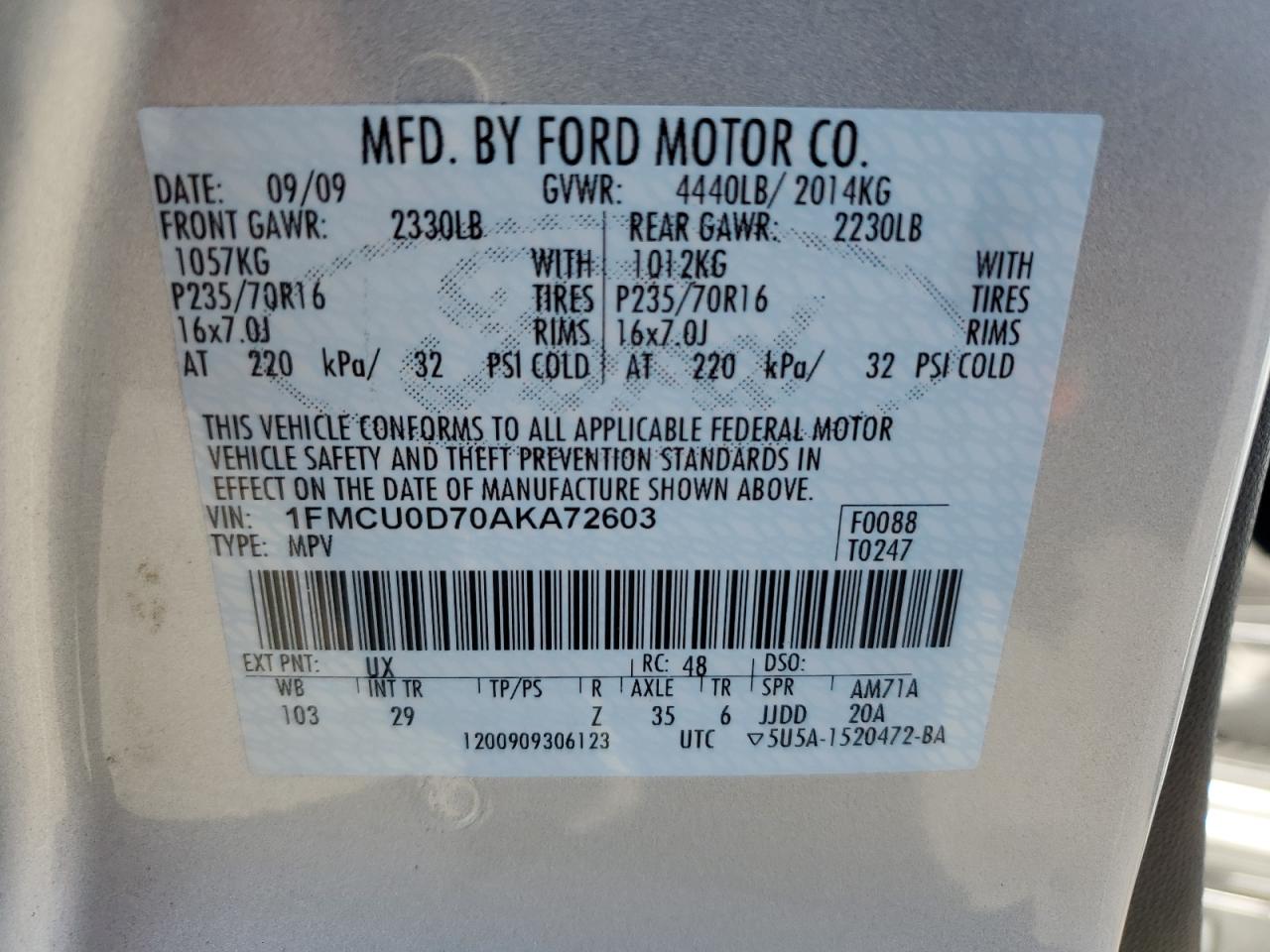 2010 Ford Escape Xlt VIN: 1FMCU0D70AKA72603 Lot: 77165004