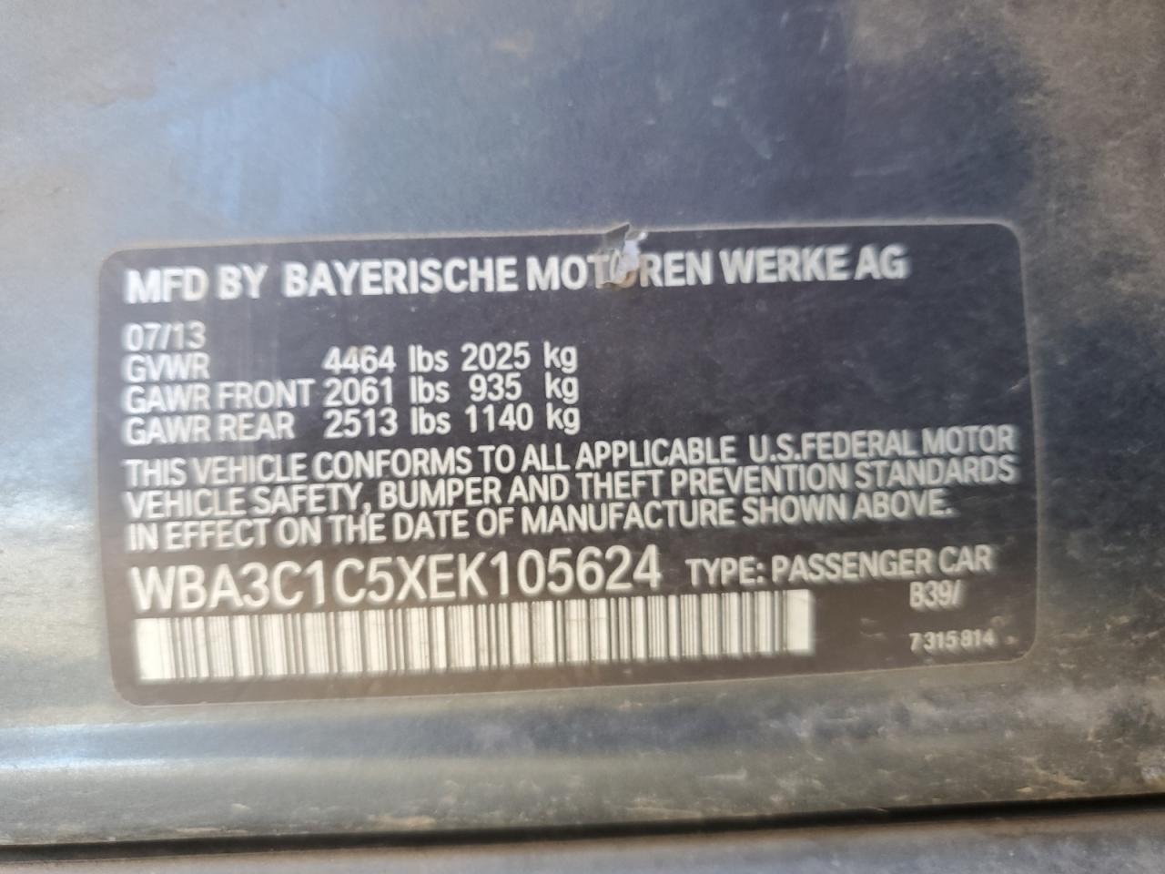 2014 BMW 328 I Sulev VIN: WBA3C1C5XEK105624 Lot: 78518484