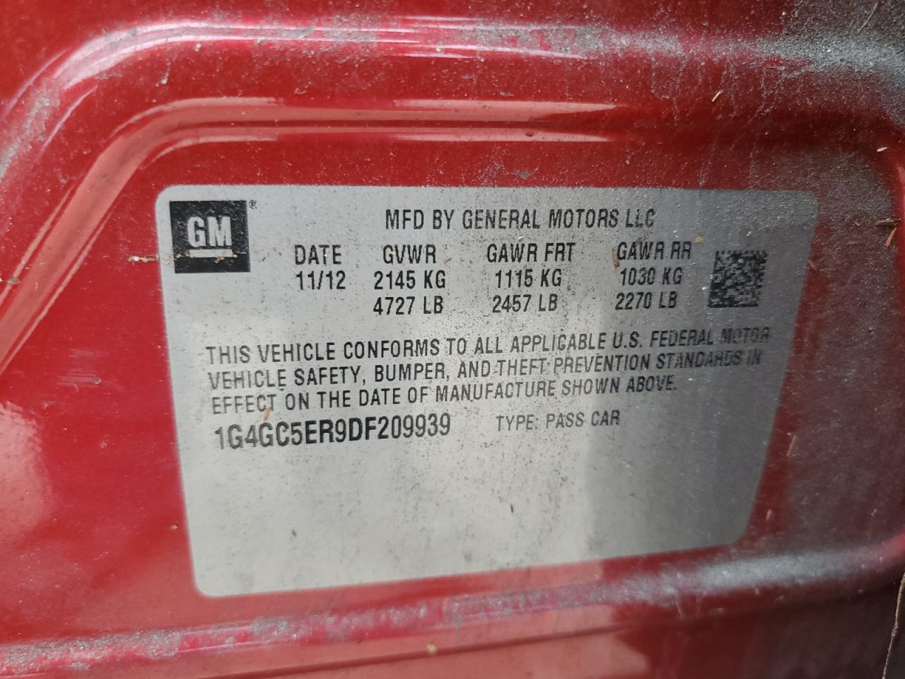 2013 Buick Lacrosse VIN: 1G4GC5ER9DF209939 Lot: 74999764