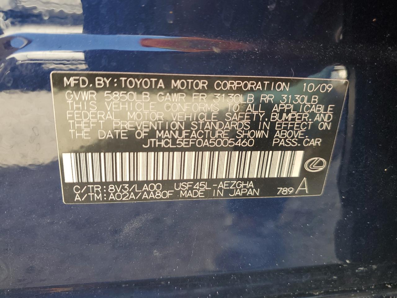 2010 Lexus Ls 460 VIN: JTHCL5EF0A5005460 Lot: 78035804