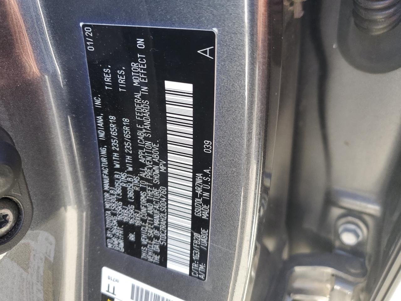 5TDCZRAH2LS004760 2020 Toyota Highlander L