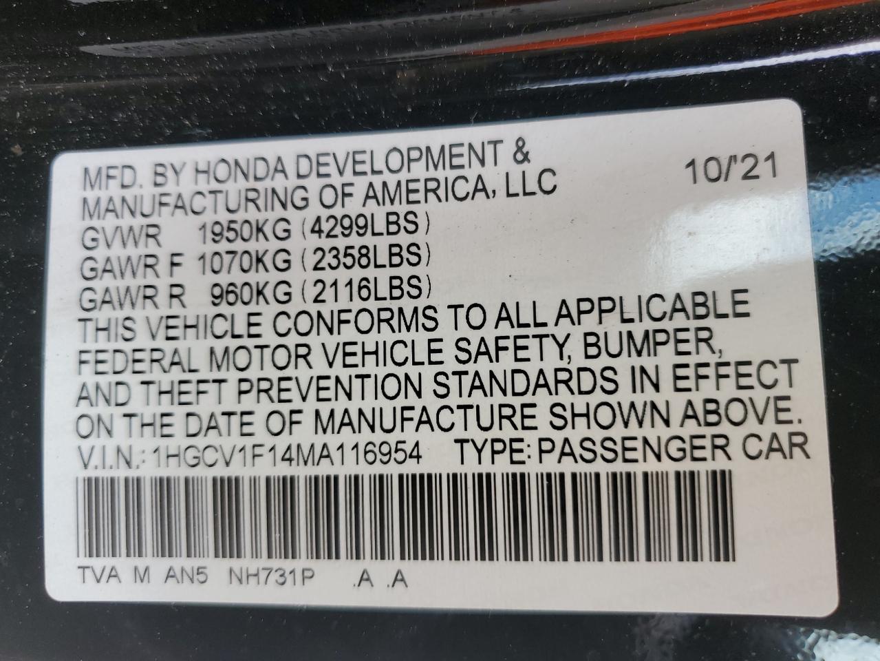 2021 Honda Accord Lx VIN: 1HGCV1F14MA116954 Lot: 74742804