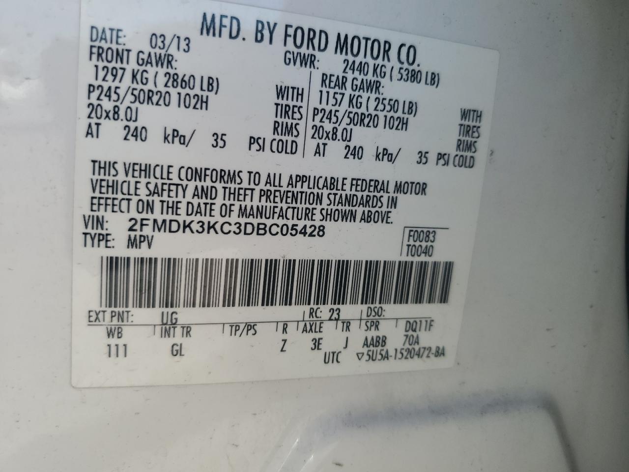 2013 Ford Edge Limited VIN: 2FMDK3KC3DBC05428 Lot: 77668824