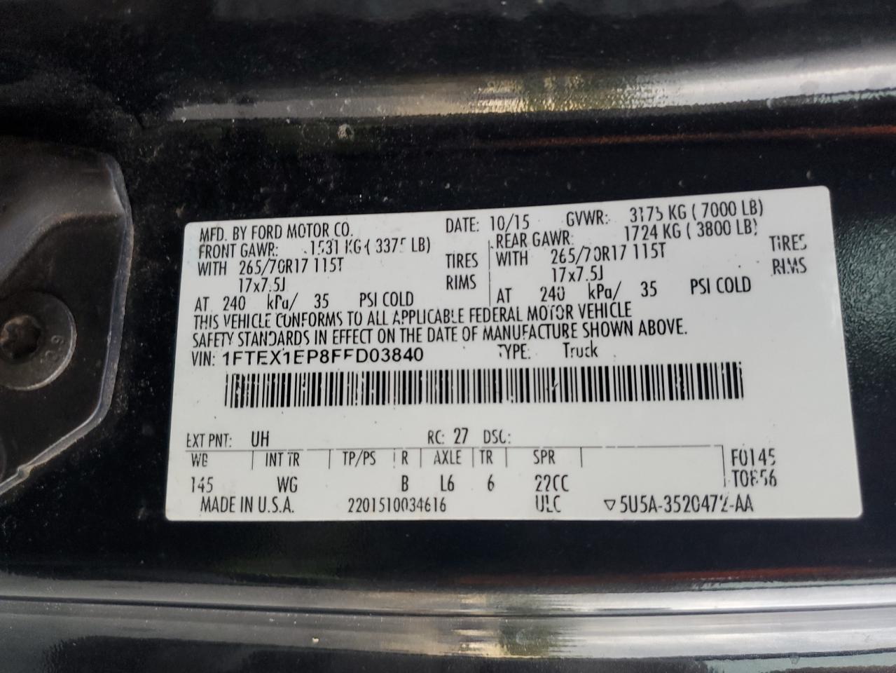 2015 Ford F150 Super Cab VIN: 1FTEX1EP8FFD03840 Lot: 73326604