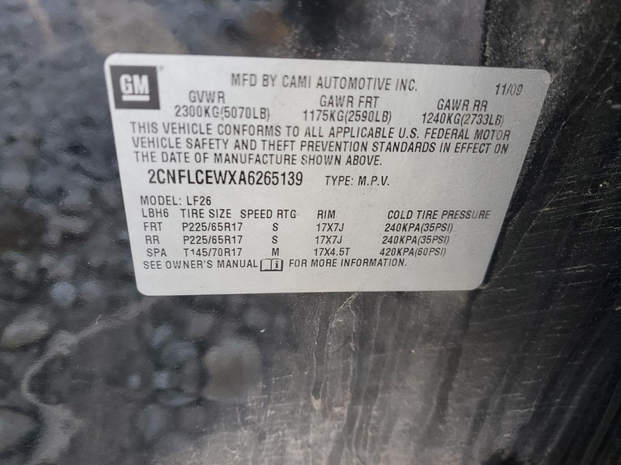 2CNFLCEWXA6265139 2010 Chevrolet Equinox Ls