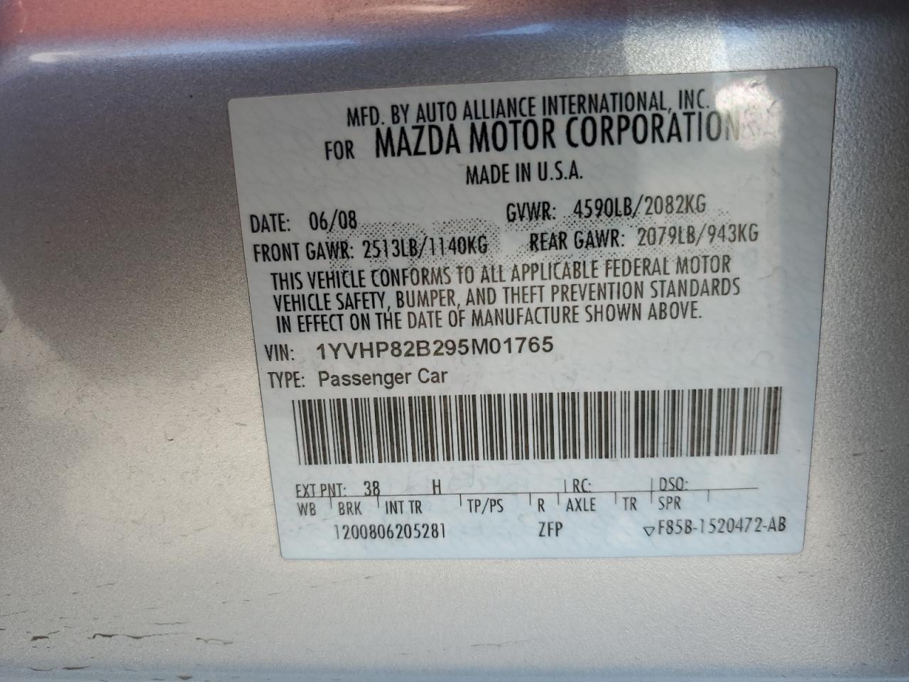 1YVHP82B295M01765 2009 Mazda 6 S