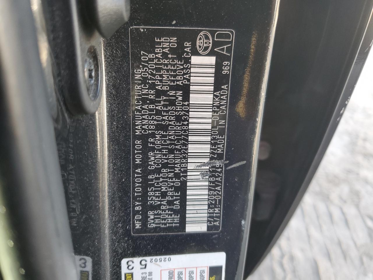 2007 Toyota Corolla Ce VIN: 2T1BR32E77C843704 Lot: 77743834