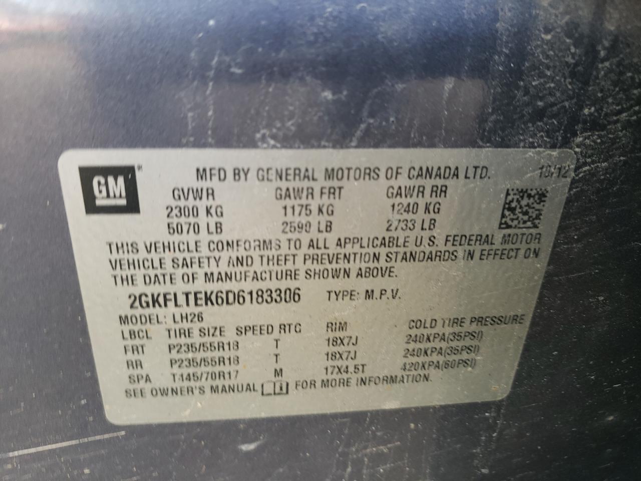 2013 GMC Terrain Sle VIN: 2GKFLTEK6D6183306 Lot: 78071734