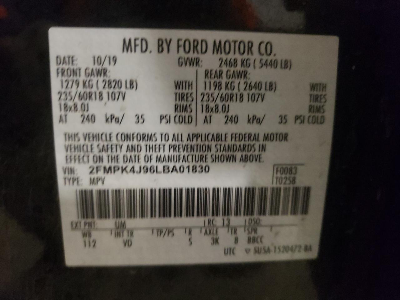 2020 Ford Edge Sel VIN: 2FMPK4J96LBA01830 Lot: 76252244