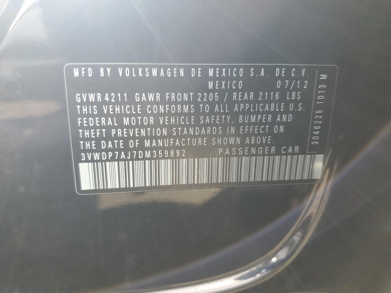 2013 Volkswagen Jetta Se VIN: 3VWDP7AJ7DM359892 Lot: 77204214