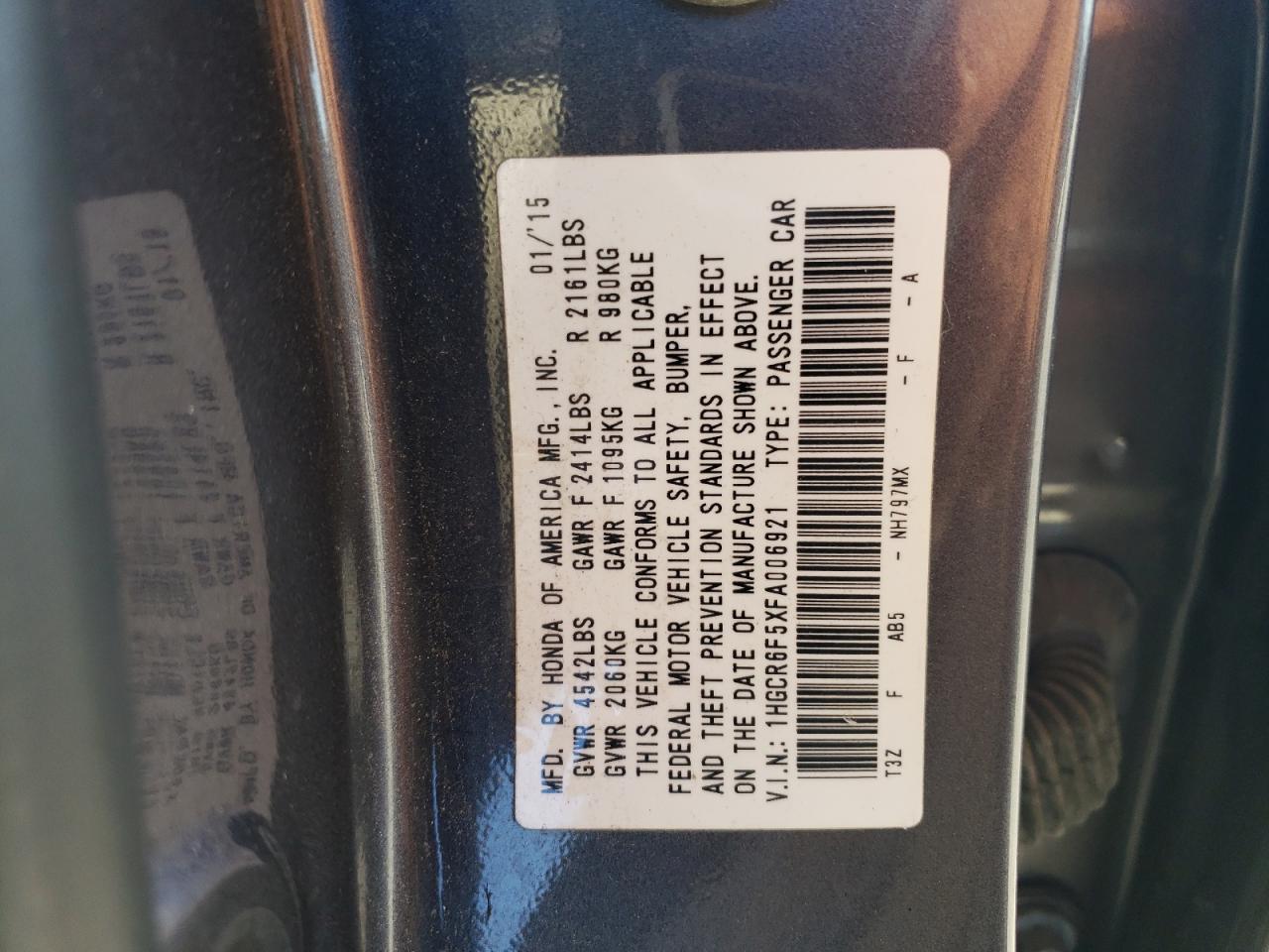 1HGCR6F5XFA006921 2015 Honda Accord Hybrid Exl