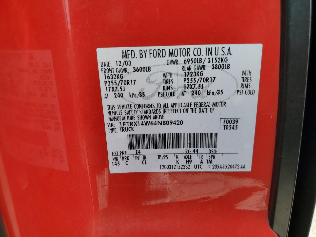 2004 Ford F150 VIN: 1FTRX14W64NB09420 Lot: 74631804