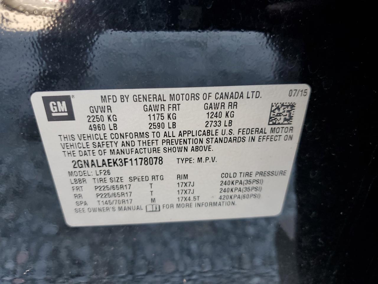 2GNALAEK3F1178078 2015 Chevrolet Equinox Ls