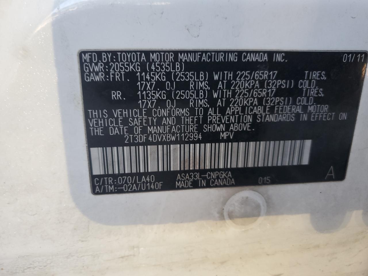 2011 Toyota Rav4 Limited VIN: 2T3DF4DVXBW112994 Lot: 75481184