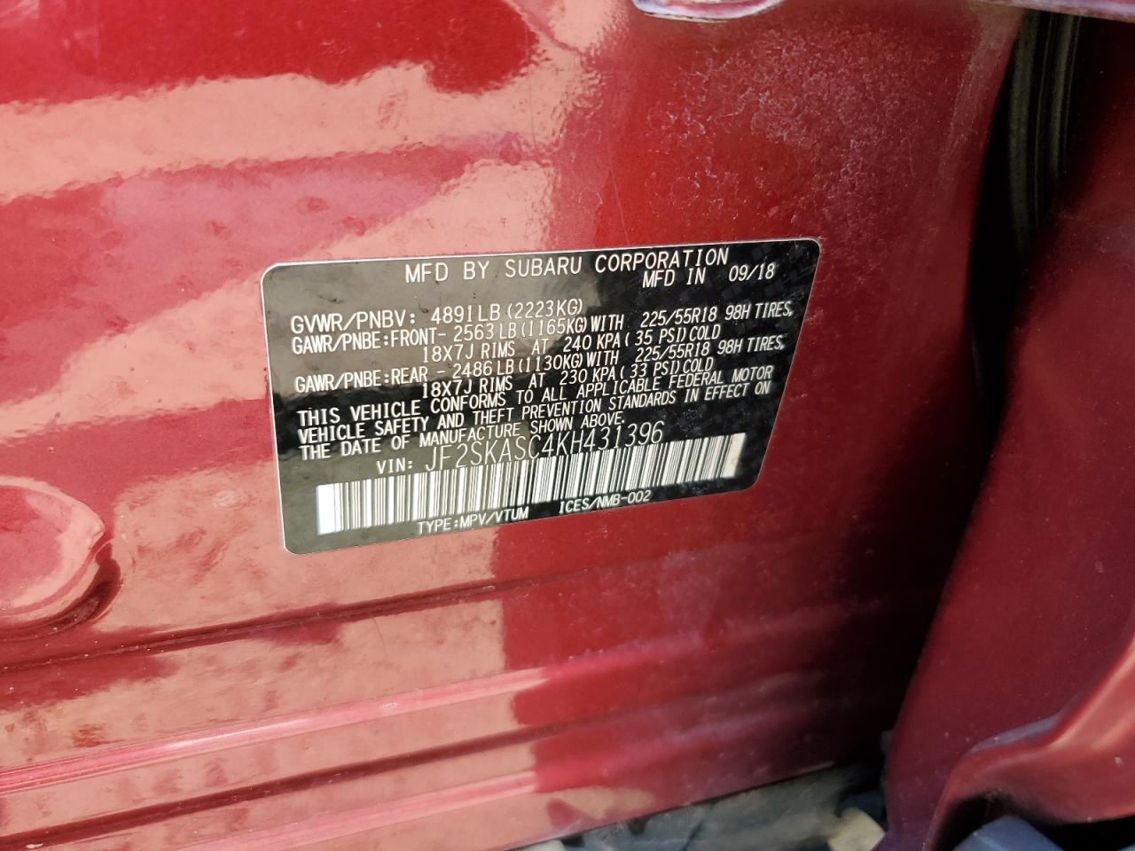 JF2SKASC4KH431396 2019 Subaru Forester Limited