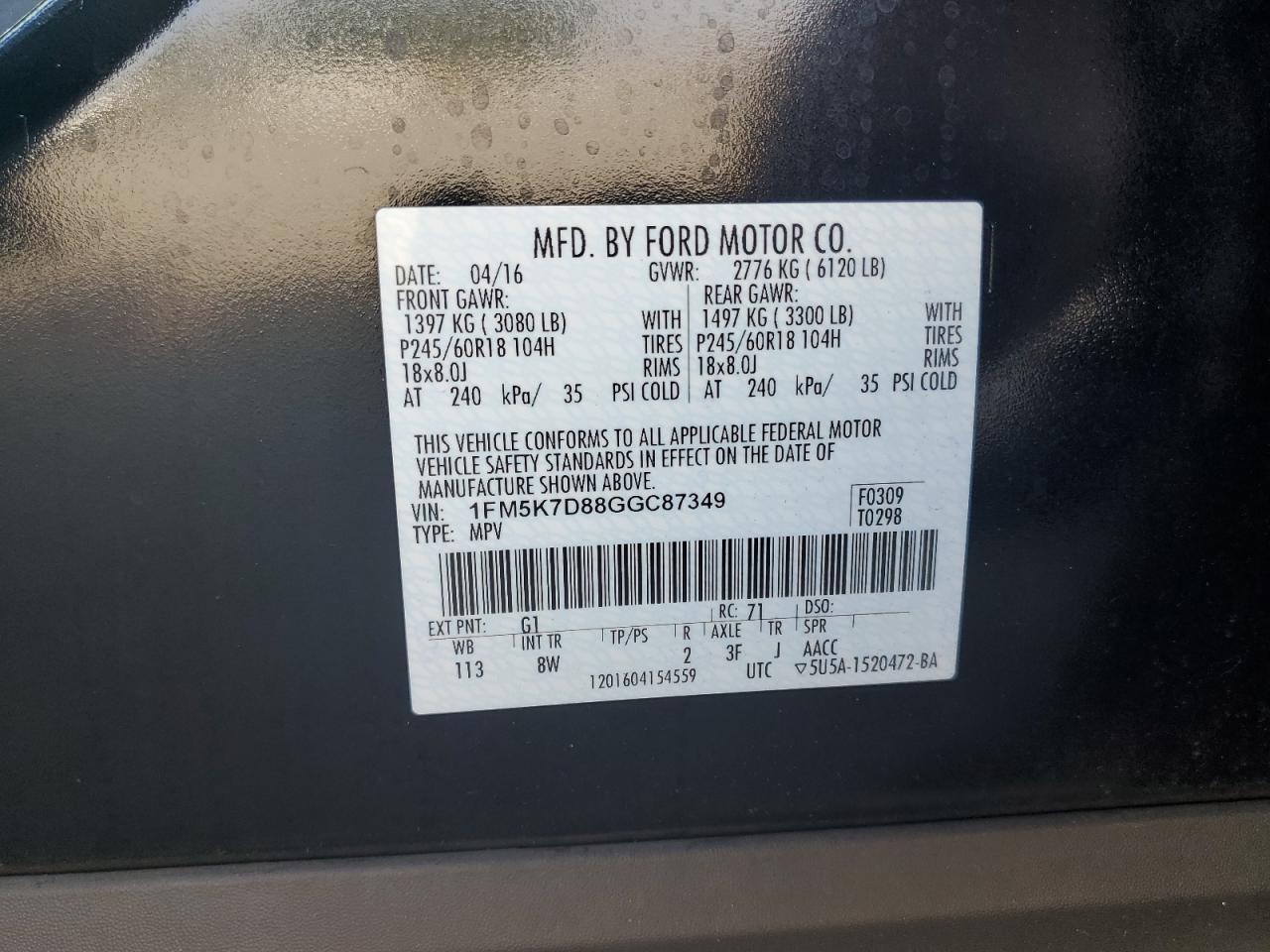 2016 Ford Explorer Xlt VIN: 1FM5K7D88GGC87349 Lot: 75659404