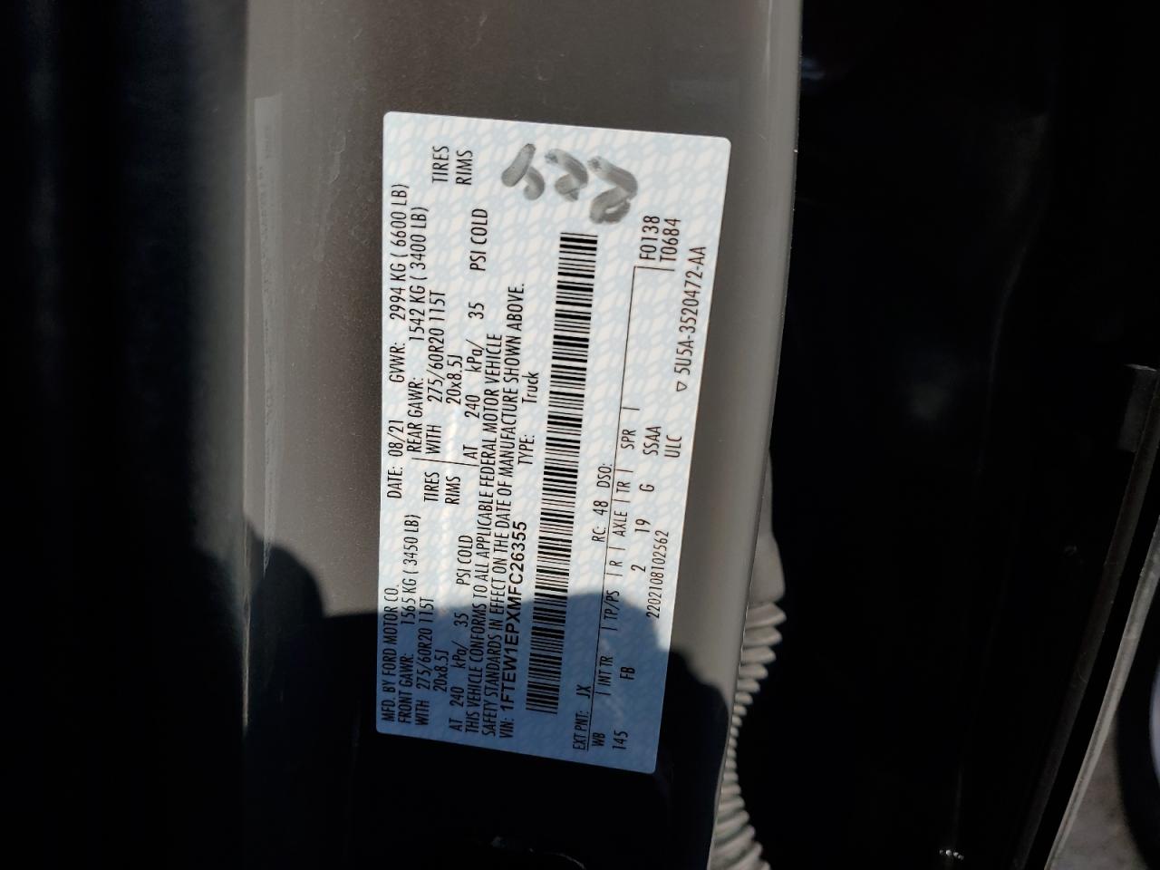 2021 Ford F150 Supercrew VIN: 1FTEW1EPXMFC26355 Lot: 75036664