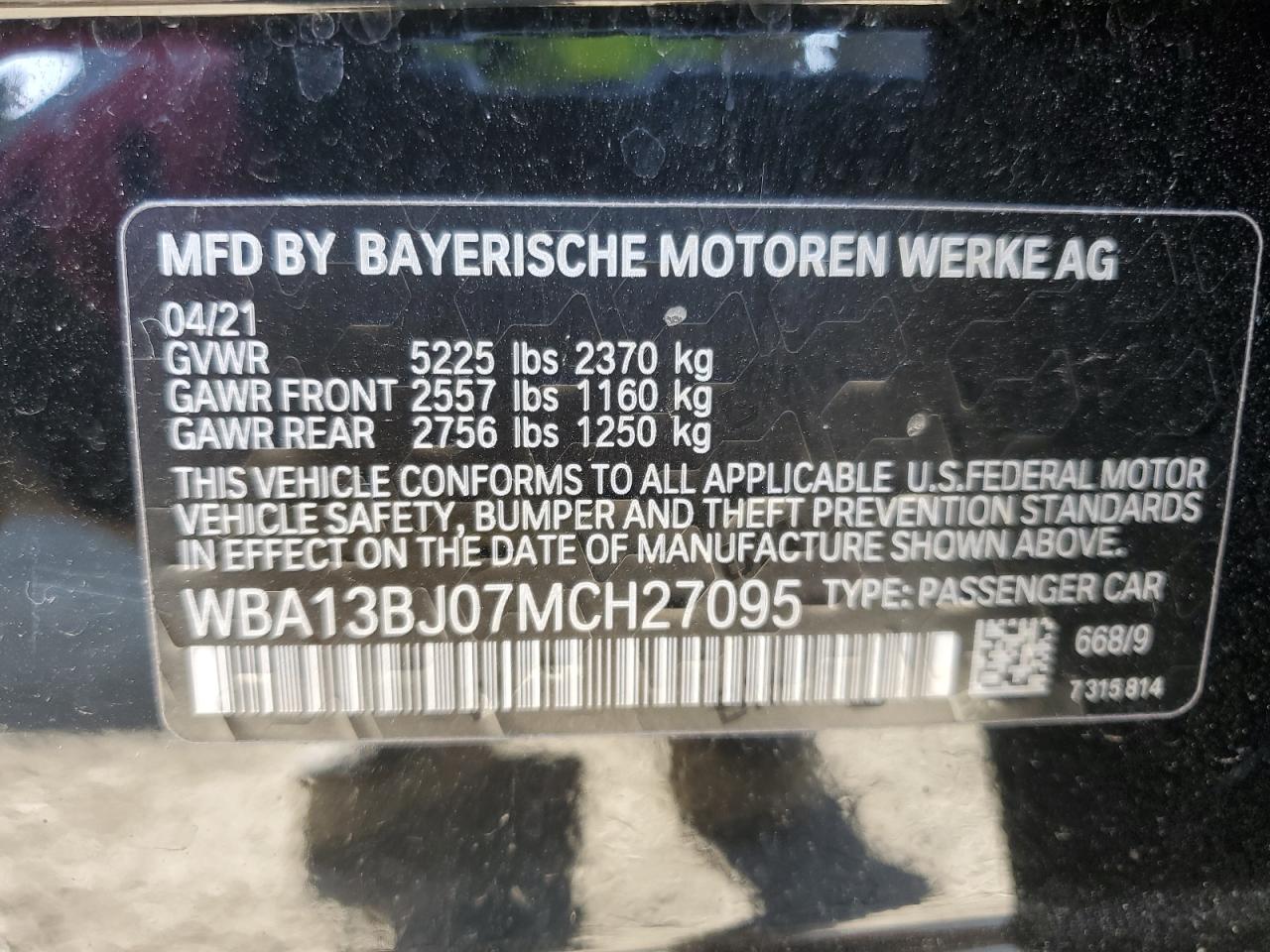 2021 BMW 530 Xi VIN: WBA13BJ07MCH27095 Lot: 76504334