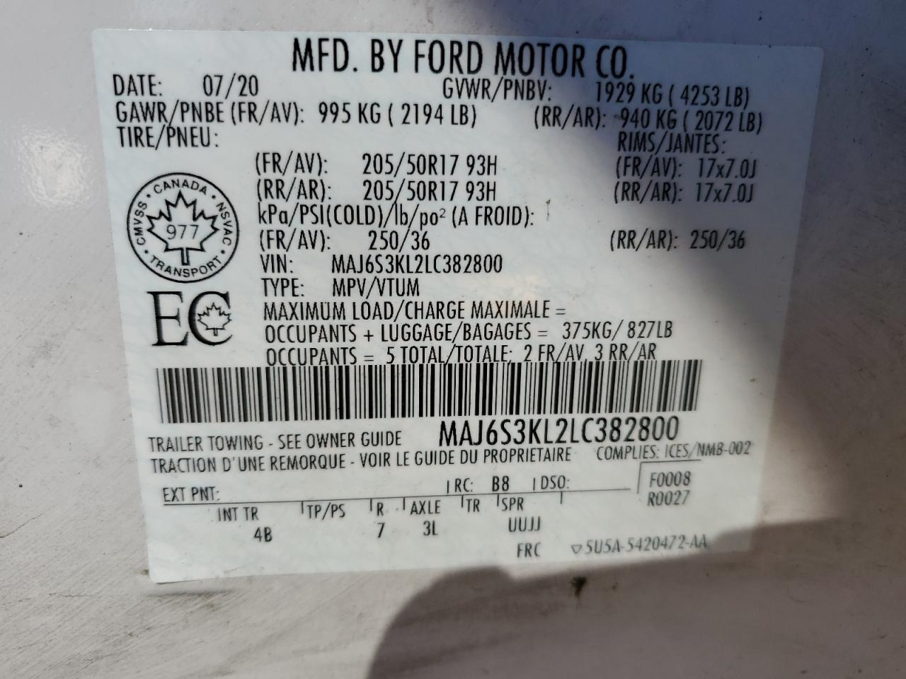 2020 Ford Ecosport Titanium VIN: MAJ6S3KL2LC382800 Lot: 76090444