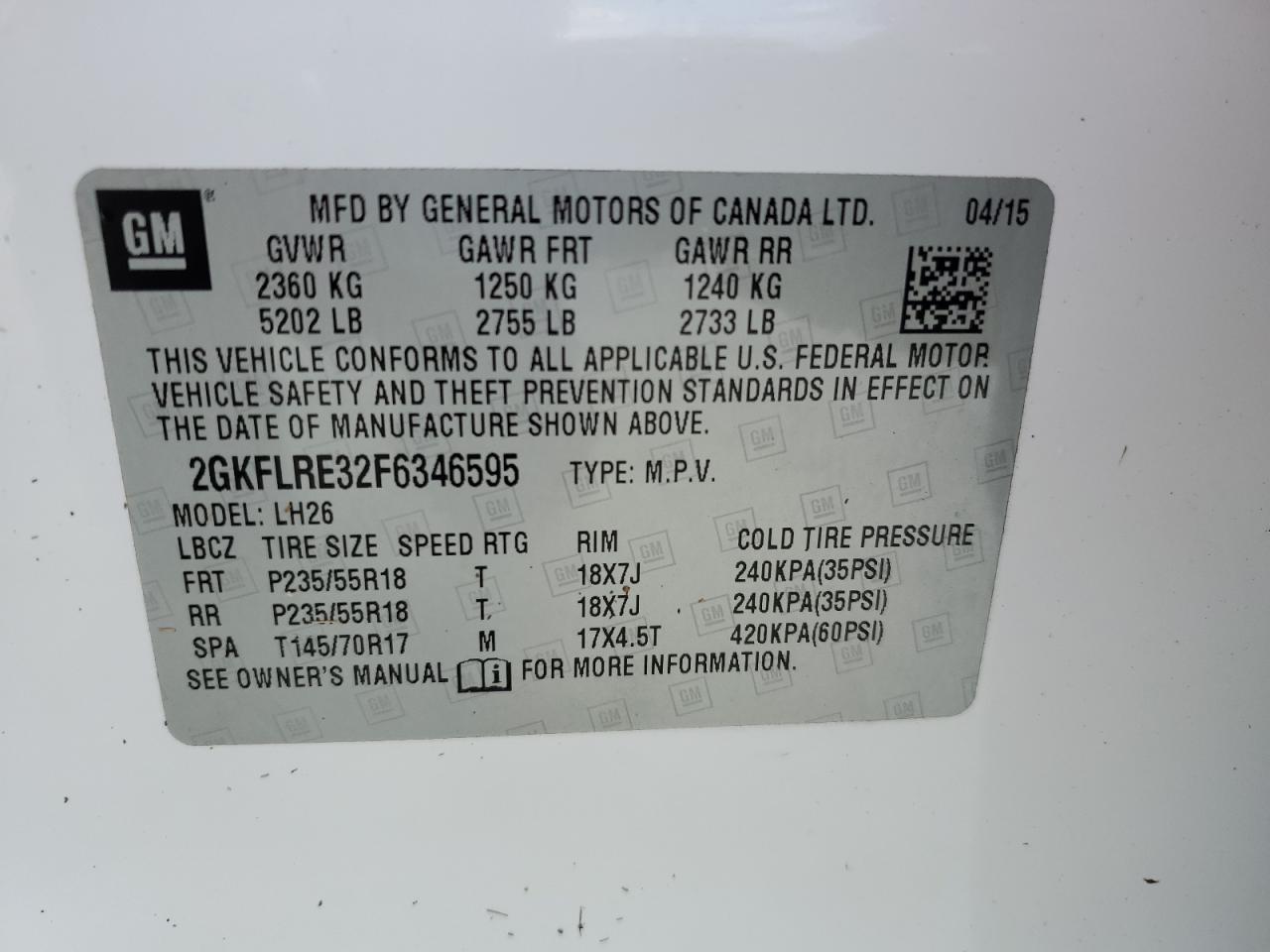 2GKFLRE32F6346595 2015 GMC Terrain Sle