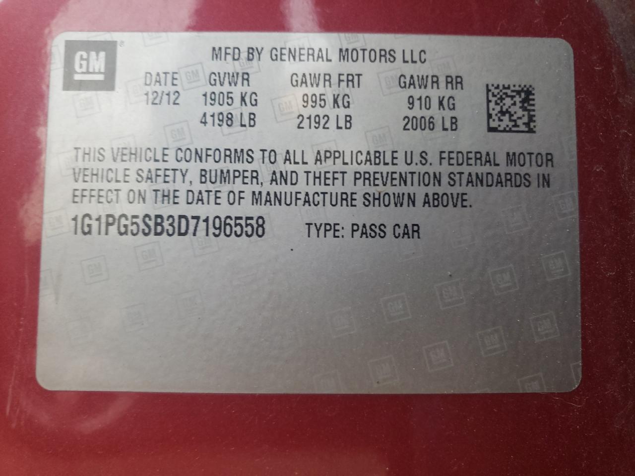 2013 Chevrolet Cruze Ltz VIN: 1G1PG5SB3D7196558 Lot: 68526735