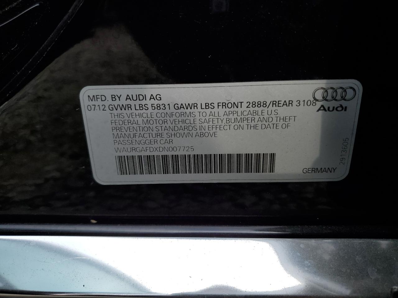 2013 Audi A8 L Quattro VIN: WAURGAFDXDN007725 Lot: 77438274