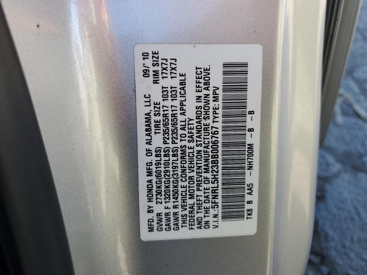 5FNRL5H23BB006767 2011 Honda Odyssey Lx