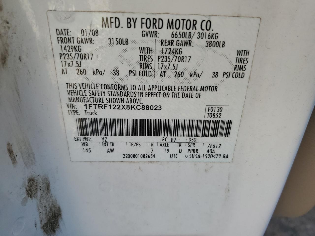 2008 Ford F150 VIN: 1FTRF122X8KC88023 Lot: 74924844