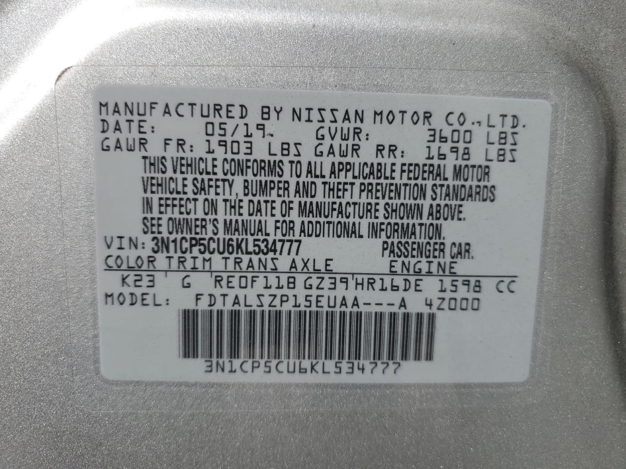 2019 Nissan Kicks S VIN: 3N1CP5CU6KL534777 Lot: 75137234