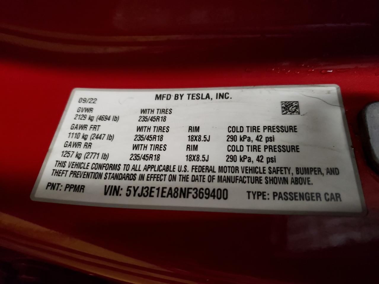 2022 Tesla Model 3 VIN: 5YJ3E1EA8NF369400 Lot: 77021564