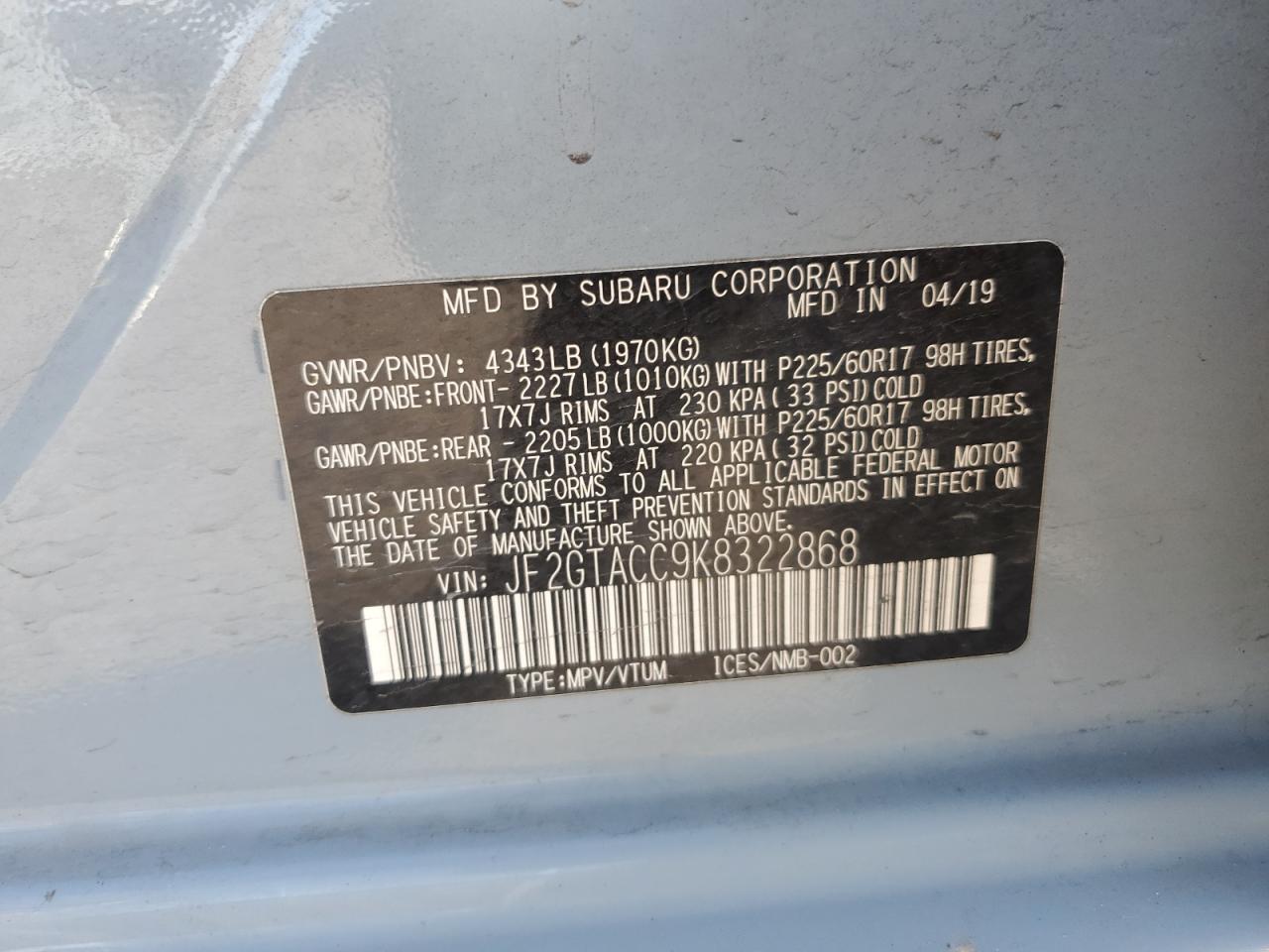 JF2GTACC9K8322868 2019 Subaru Crosstrek Premium