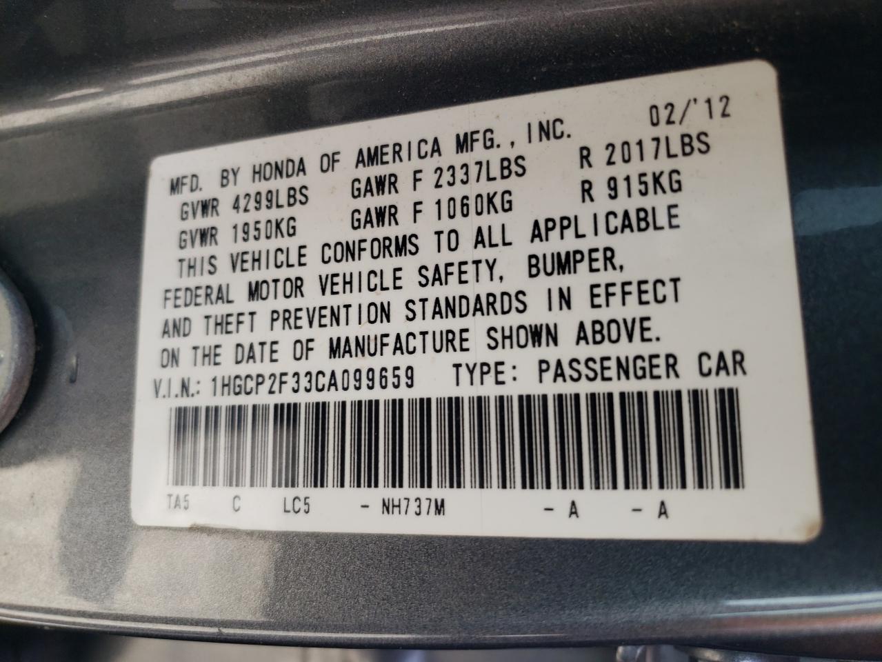 1HGCP2F33CA099659 2012 Honda Accord Lx