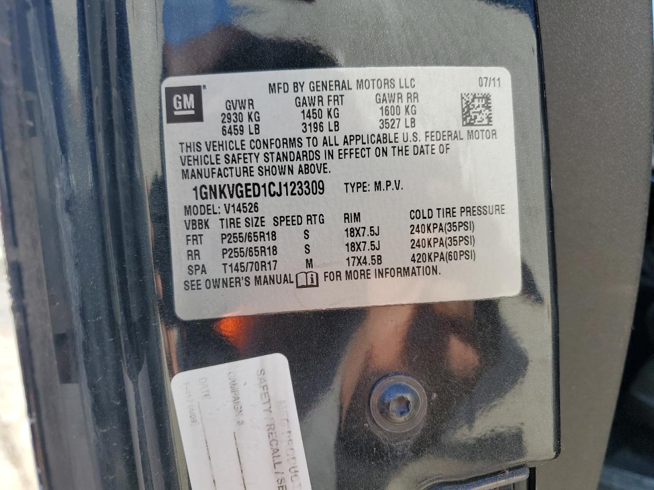 2012 Chevrolet Traverse Lt VIN: 1GNKVGED1CJ123309 Lot: 74743834